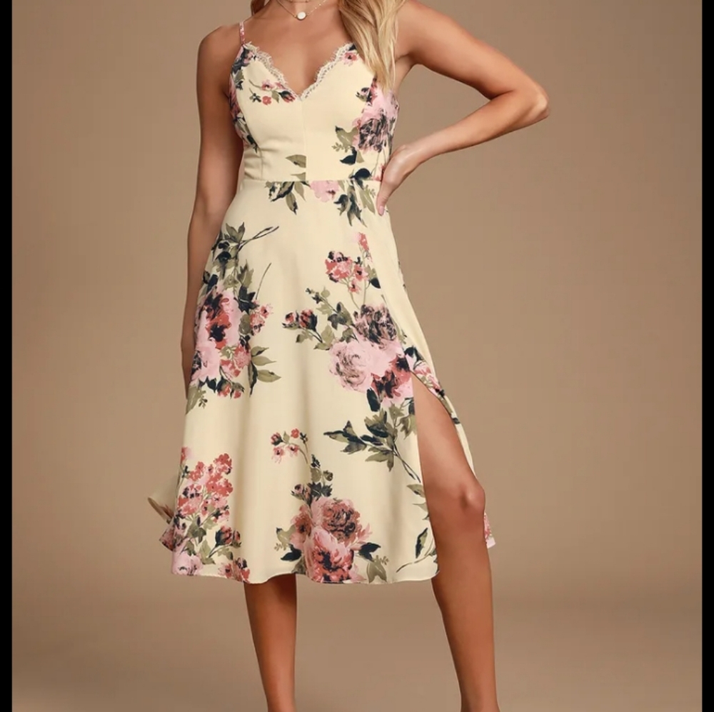 Lulu's Emilee Cream Floral Print Midi Dress